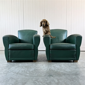 Mid Century Green Leather Club Chairs